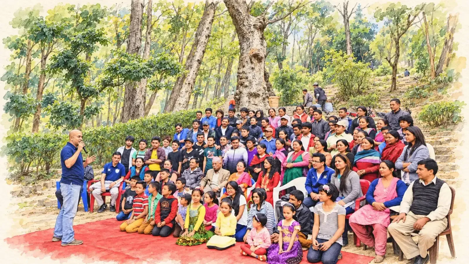 Watercolour of an early Manaram family gathering outdoors under tall trees, a speaker with a microphone in front