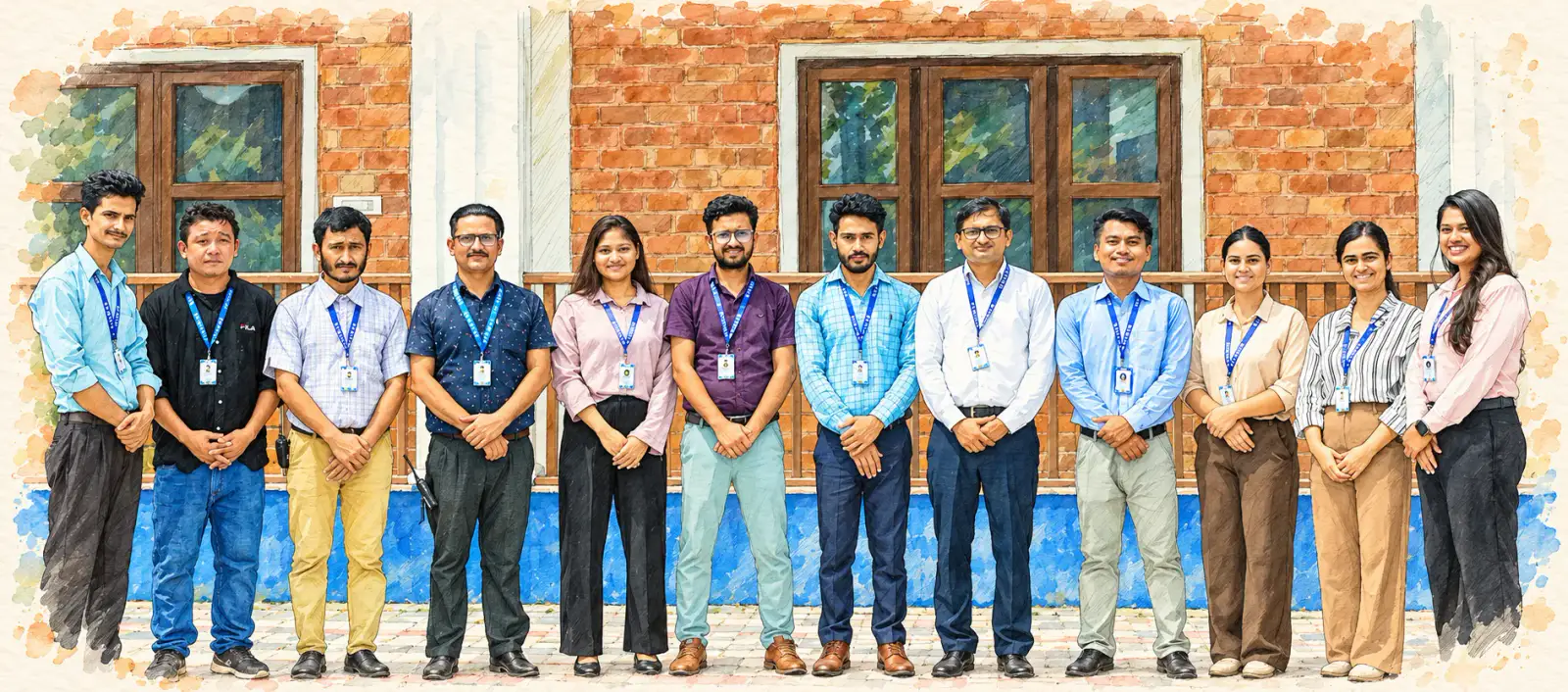 Watercolour of the Manaram office team lined up in front of a brick building