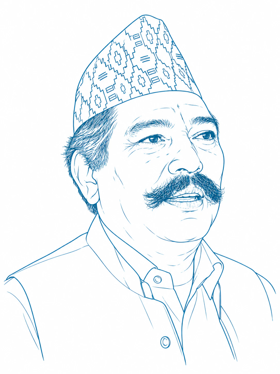Fine-line portrait of Manaram founder Ram Bahadur Shrestha, drawn from his photograph.