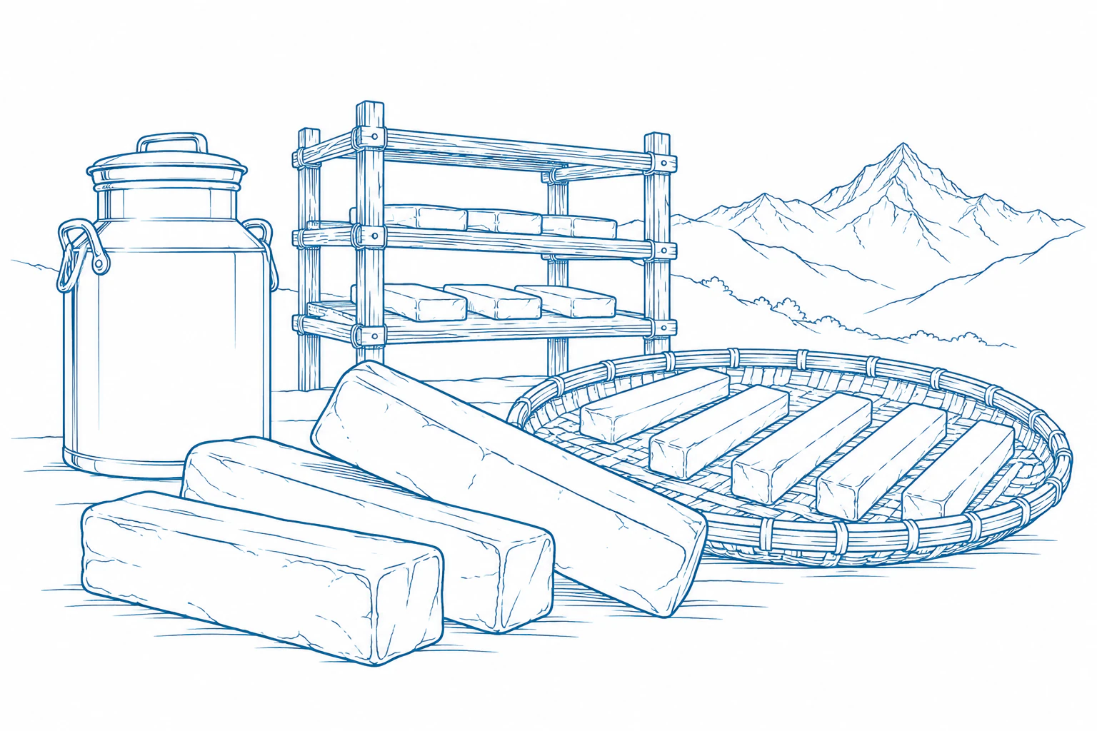 Fine-line drawing of Himalayan chhurpi dog-chew bars, a drying rack and a milk can