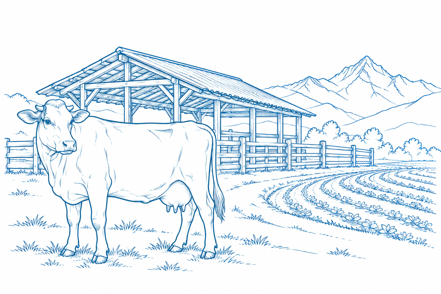 Fine-line illustration of a dairy cow, cattle shelter and cultivated fields.