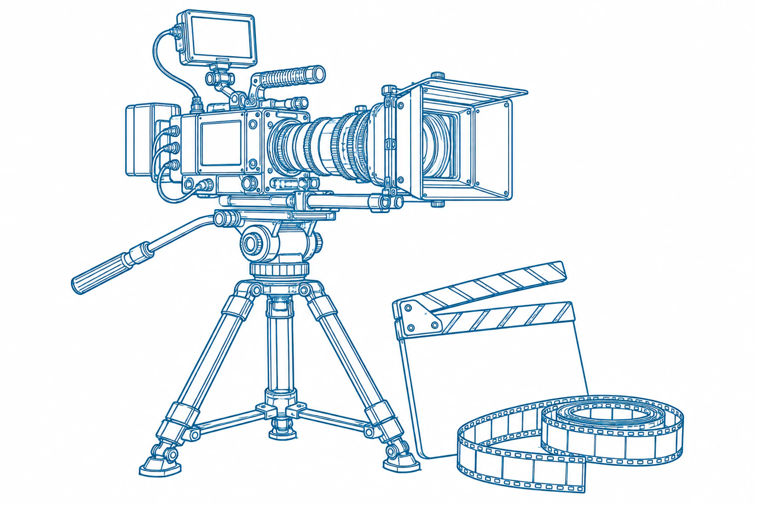 Fine-line illustration of a cinema camera, tripod and clapperboard.