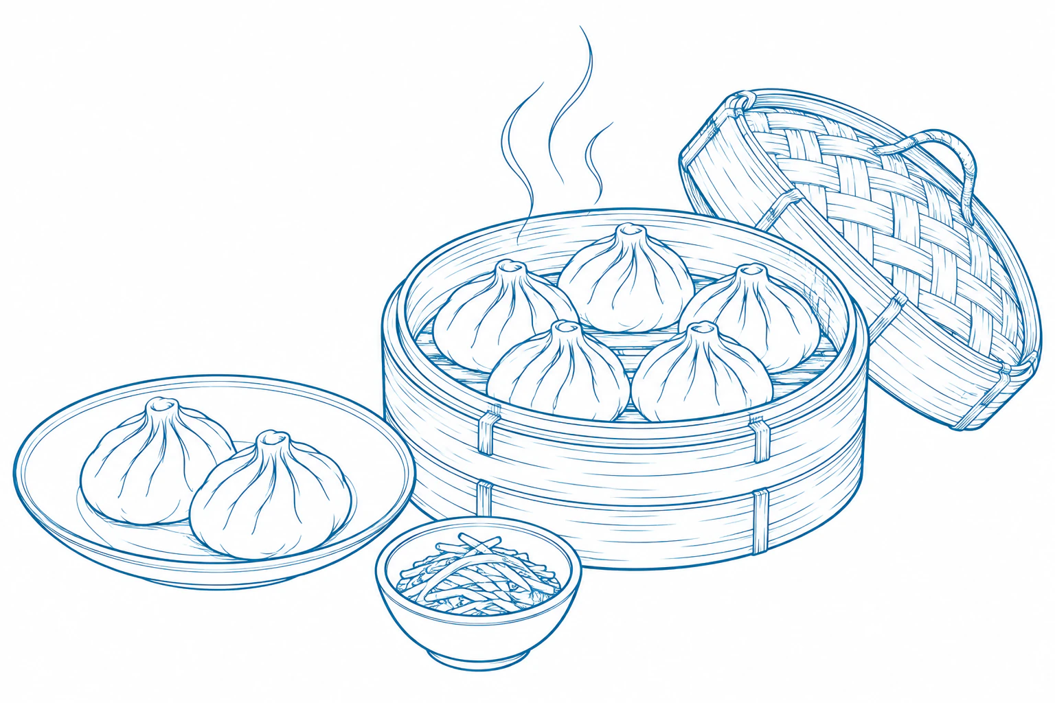 Fine-line illustration of steaming momo in a bamboo basket with achar.